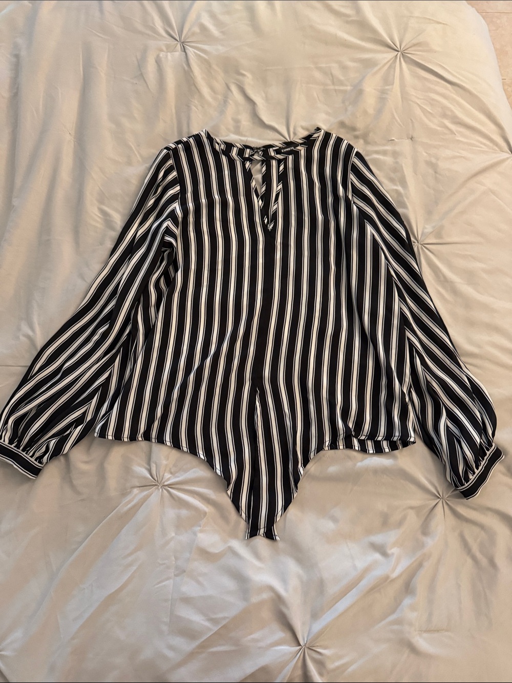 Express Black & White Vertical Stripe Long-Sleeve Blouse